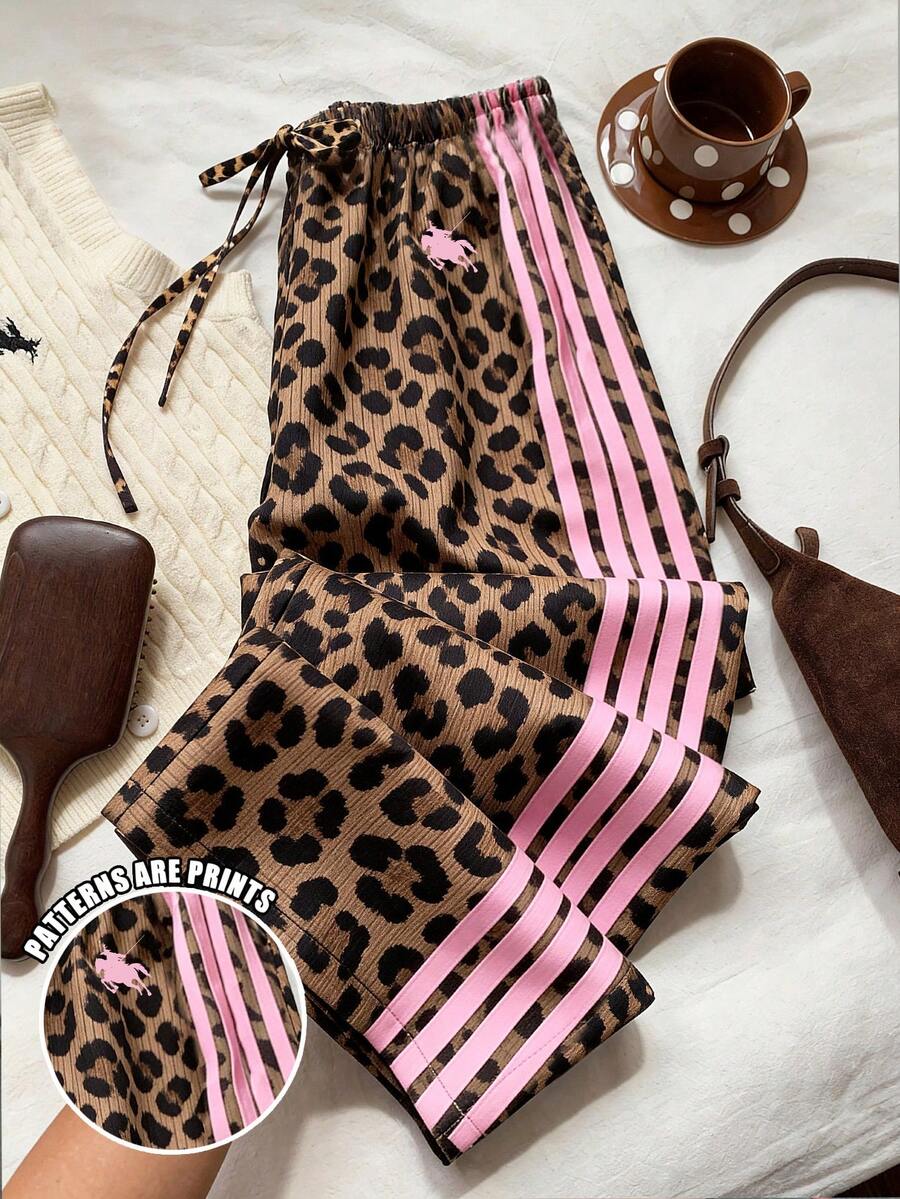 Quần ống đứng cạp vừa cho bé gái tuổi teen, họa tiết báo ngọt ngào vintage kết hợp sọc hồng và ngựa cưỡi, phong cách casual đơn giản thoải mái, đồ đi chơi mùa hè, homecoming, thời trang trẻ em dễ mặc, phong cách mới cho xuân hè - Nhiều màu - Xem 1