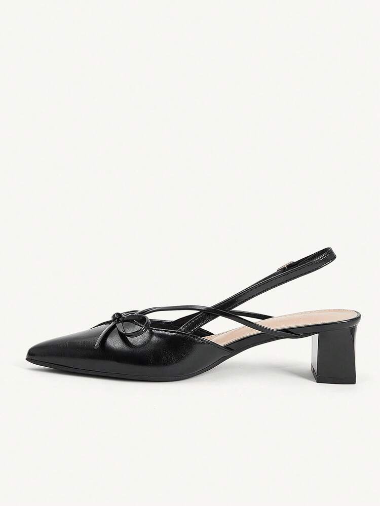 CUCCOO CHICEST Black Oily Leather Pointed Bow Slingback Thick Heel Sandals, Workplace Commuting Temperament Shoes