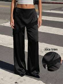 Siren Gaze Women's Black Summer Classy Elegant Date Lace Patchwork Wide Leg Pants,High Waist Satin Palazzo Trousers,Asymmetrical Pleated Skirt 2 In 1 Culottes - Black - View 3