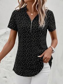 SHEIN Clasi 女士全印花半拉链休闲短袖衬衫 - 黑色 - 查看 4