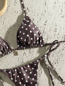 Swim Mod Conjunto de bikini de 2 piezas con tirantes de espagueti, decoración metálica y estampado aleatorio para mujer, ideal para primavera y verano - Multicolor - Ver 6