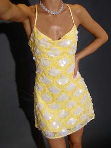 SHEIN BAE Robe mini dos nu à sequins abricot, convenant pour cocktail, rendez-vous romantique, superposition automne/hiver, soirée, événement formel, Halloween, Noël - Jaune citron - Voir 6
