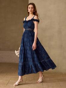 MOTF PREMIUM ELEGANT ROMANTIC VINTAGE FRENCH STYLE HIGH-END JACQUARD PATCHWORK LACE COLD-SHOULDER DRESS FOR WOMEN, SPRING/SUMMER - Navy Blue - View 5
