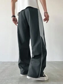 Manfinity EMRG Men's Casual Color Block Drawstring Straight Leg Pants, Loose Fit Long Black Patchwork Straight Leg Sweatpants For Outdoor - smoke gray - View 2