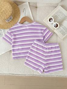 LMoss Kids 2pcs Baby Girl Knitted Striped Round Neck T-Shirt And Shorts Set - Mauve Purple - View 2