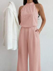 Firerie Women's Elegant Dusty Pink Summer Sleeveless Mandarin Collar Pearl Embellished Slim Fit Wide Leg Jumpsuit,Party Office Wear Wedding Guest Outfit - Baby Pink - View 5