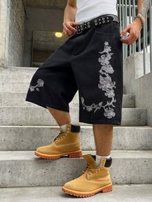 GALLERY FADE 男士休闲街头风高端刺绣水洗黑色牛仔短裤 - 黑色 - 查看 6