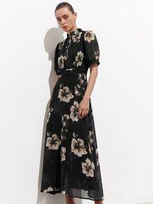 Aveloria Modichic Đầm ngắn tay xếp ly phía trước bằng vải chiffon thanh lịch, đa năng, thích hợp cho việc đi làm. - màu đen - Xem 1