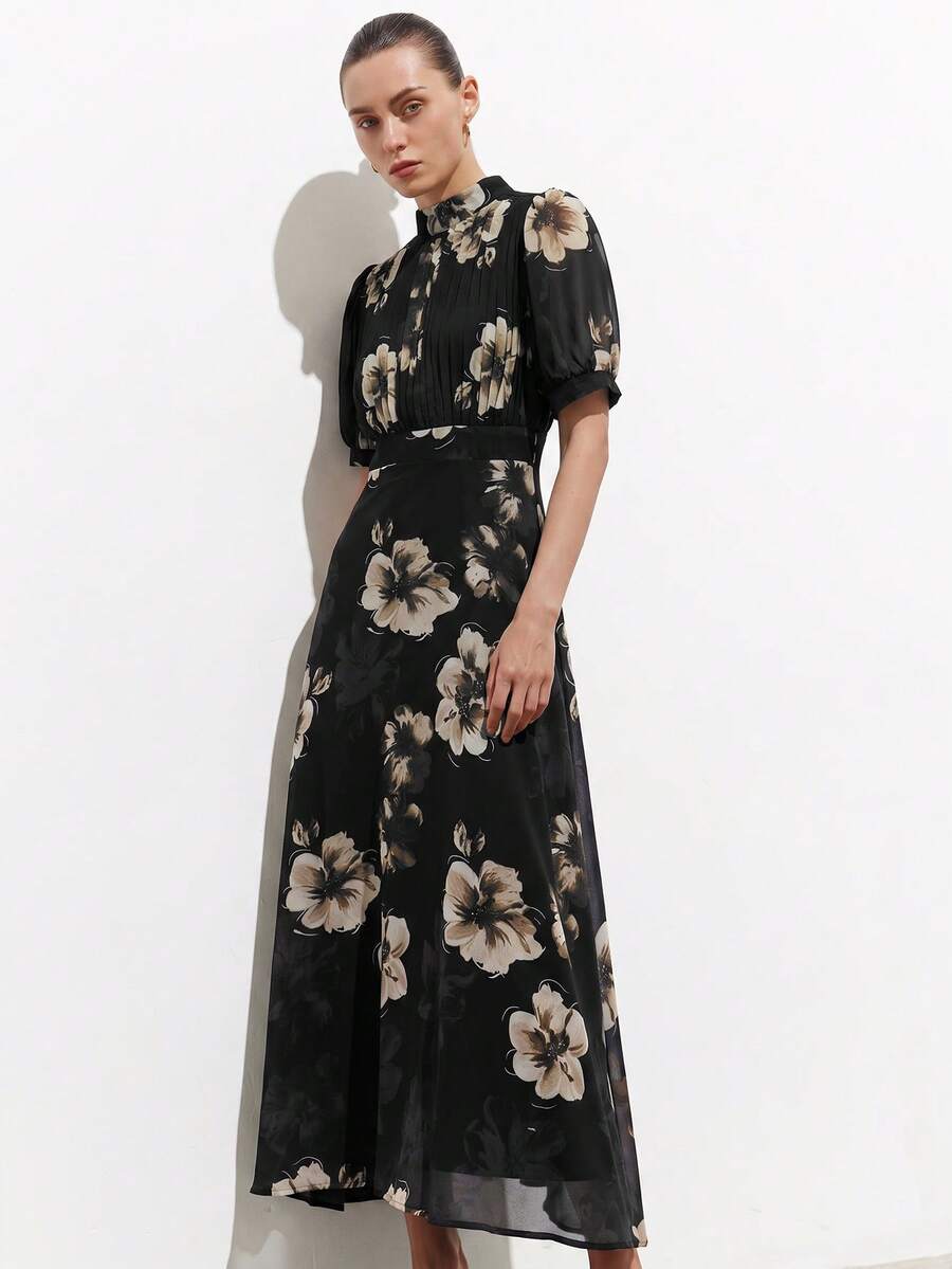 Aveloria Modichic Đầm ngắn tay xếp ly phía trước bằng vải chiffon thanh lịch, đa năng, thích hợp cho việc đi làm. - màu đen - Xem 1
