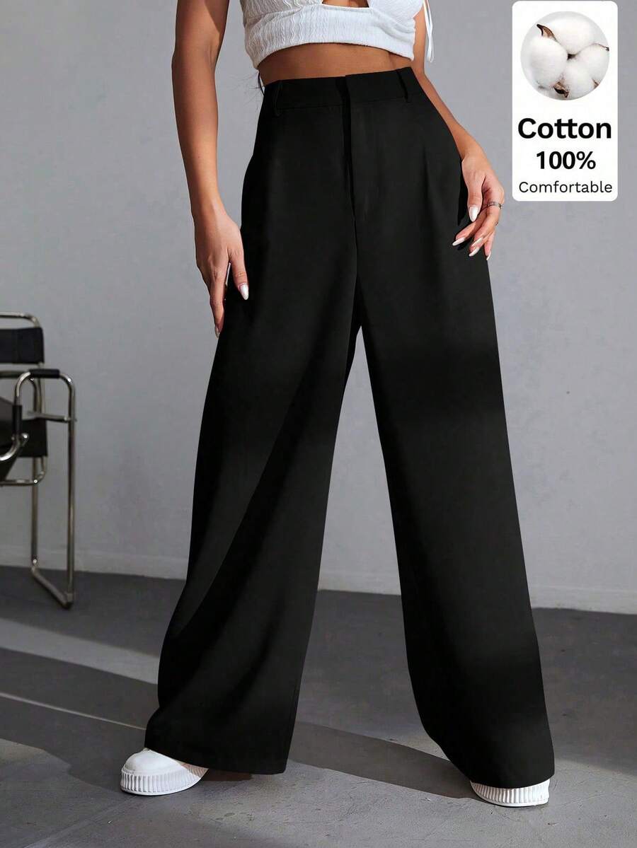 SHEIN EZwear 100%纯棉高腰阔腿裤,百搭休闲,适合大学、休闲、派对、音乐节、毕业典礼、返校、度假和办公等场合。 - 黑色 - 查看 1