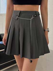 Falda plisada casual con estampado de lunares para mujer - Gris - Ver 8