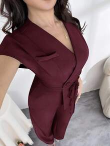 Feyla Plus Size Solid Color Wrap Crossed Short Sleeve Double-Breasted Elegant Minimalist 2 Pieces Set - Burgundy - View 3