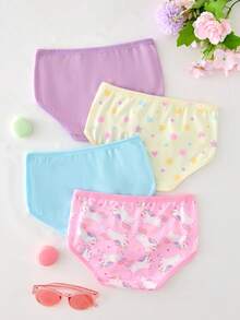 SHEIN 4件組女童幼兒內衣套裝，淺藍、紫色、粉色與奶油色，可愛卡通獨角獸圖案印花與星星圖案，柔軟光滑針織無袖背心搭配高彈性內褲，日常必備運動穿搭，親膚舒適，四季適用輕量衣物 - 藍色 - 查看 3