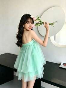 Selianne Women's Fluffy Halter Jumpsuit With Tulle - Mint Green - View 2
