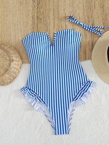 Swim Mod 女士夏季度假波点印花可拆卸肩带荷叶边装饰V领连体泳衣 - 彩色 - 查看 4