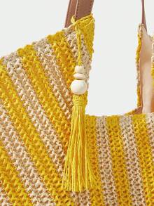 Boho Woven Straw Tote Bag, Large Capacity With Fringe And Striped/Smooth PU Handles For Beach, Vacation, Summer - Yellow - View 6