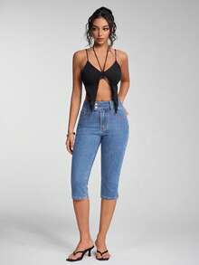 Jeanoix Petite Quần jean denim nữ dáng skinny dài 3/4, phong cách Y2K, thích hợp mặc hàng ngày đi làm. - Rửa nhẹ - Xem 6
