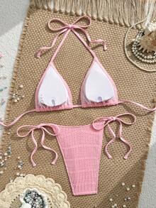 Vaytide Pink,Summer,Casual,Beach,Holiday,Vacation,Holiday Textured Fabric Ripped Glow-In-The-Dark Neon Yellow Side Tie High Cut Triangle Top Bikini Set - Pink - View 5