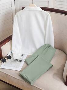 SHEIN Conjunto de 2 piezas para niño preadolescente caballero: Camisa verde de manga larga + Corbata de moño + Pantalones verdes, conjunto elegante para fiesta de cumpleaños, boda, recital, ceremonia de graduación, ocasiones formales - Multicolor - Ver 4