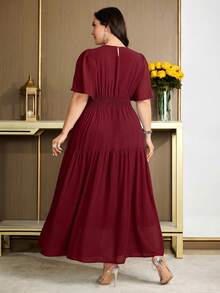 Modelyn Plus Size Solid Color Rhinestone Decor Round Neck Elegant Short Sleeve Dress, Summer Wedding Burgundy - Burgundy - View 2