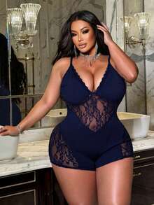 NU&NOW Plus Size Women Lace Patchwork Sexy Daily Wear Date Night Jumpsuit Navy Blue Summer - Navy Blue - View 4