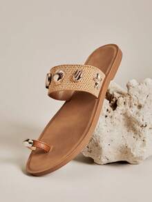 SHUZIA Women's Metal Decor Casual Fashionable Flat Sandals - Beige - View 5