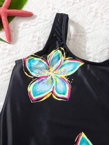 SHEIN Kids Young Girl Baby Yellow Floral Print One-Piece Swimsuit,Vintage Luxury Y2K Aesthetic  Beachwear For Summer,Beach,Family Vacation,Holiday,Pool - Black - View 11