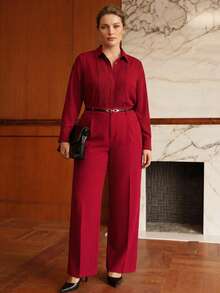 MOTF PREMIUM PLUS SIZE WOMEN'S COMMUTER FOLD PLEATED BUTTON FRONT SHIRT - Red - View 3