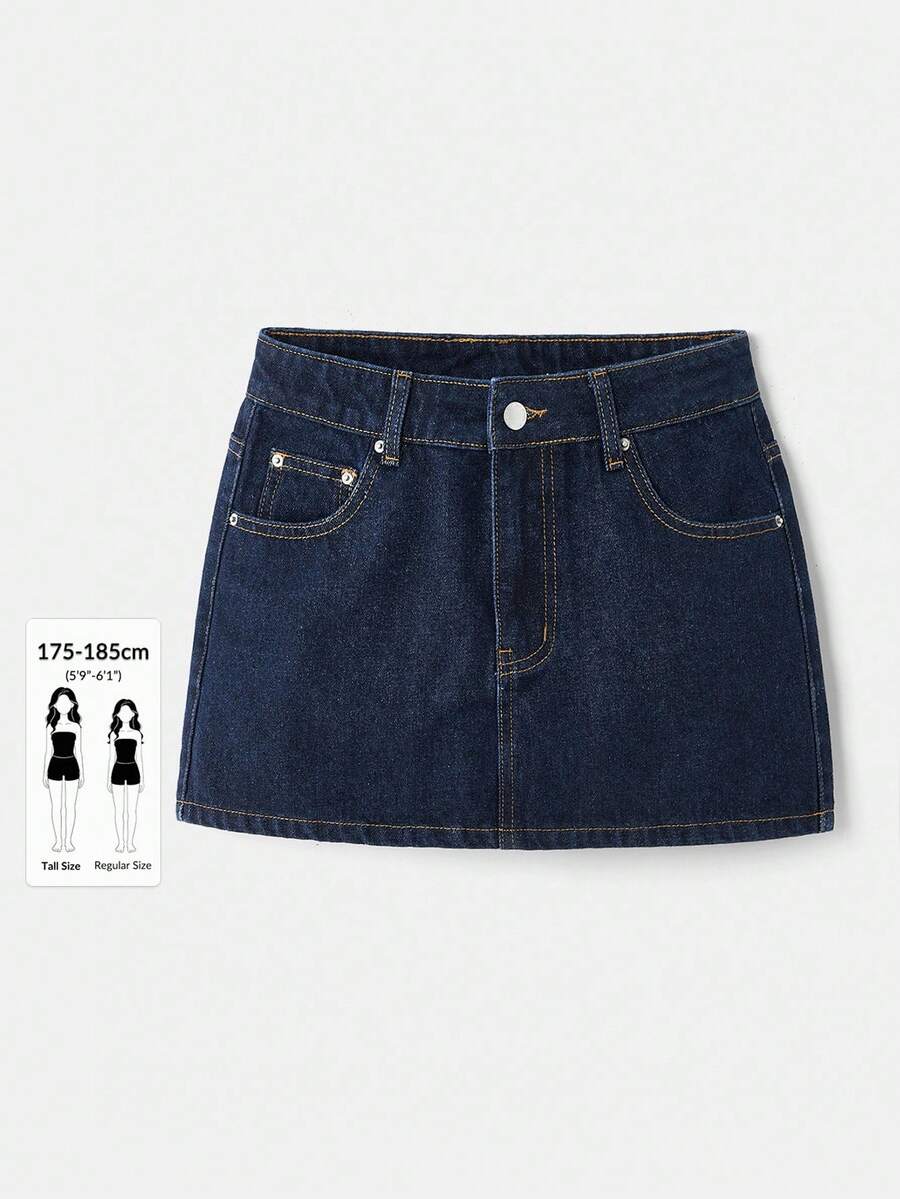 SHEIN Tall Chân váy ngắn denim cạp cao màu chàm đậm dành cho nữ, kiểu dáng thường ngày và mùa hè thanh lịch. - Rửa tối - Xem 1