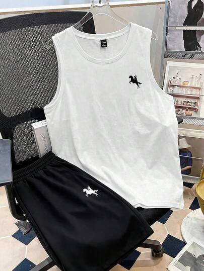 Manfinity Joysei 男士针织休闲骑马剪影印花背心短裤套装（2件套），舒适夏季穿着，男友礼物