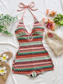 Soleia Multicolor Knitted Striped Halter Backless Mini Jumpsuit,Mint Green,Summer,Boho,Beach Vacation,Holiday,Holiday,New Year,Carnival,Party,Afternoon Tea - Multicolor - View 3