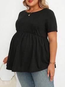Plussiva 孕妇加大码纯色圆领短袖休闲上衣 - 黑色 - 查看 5