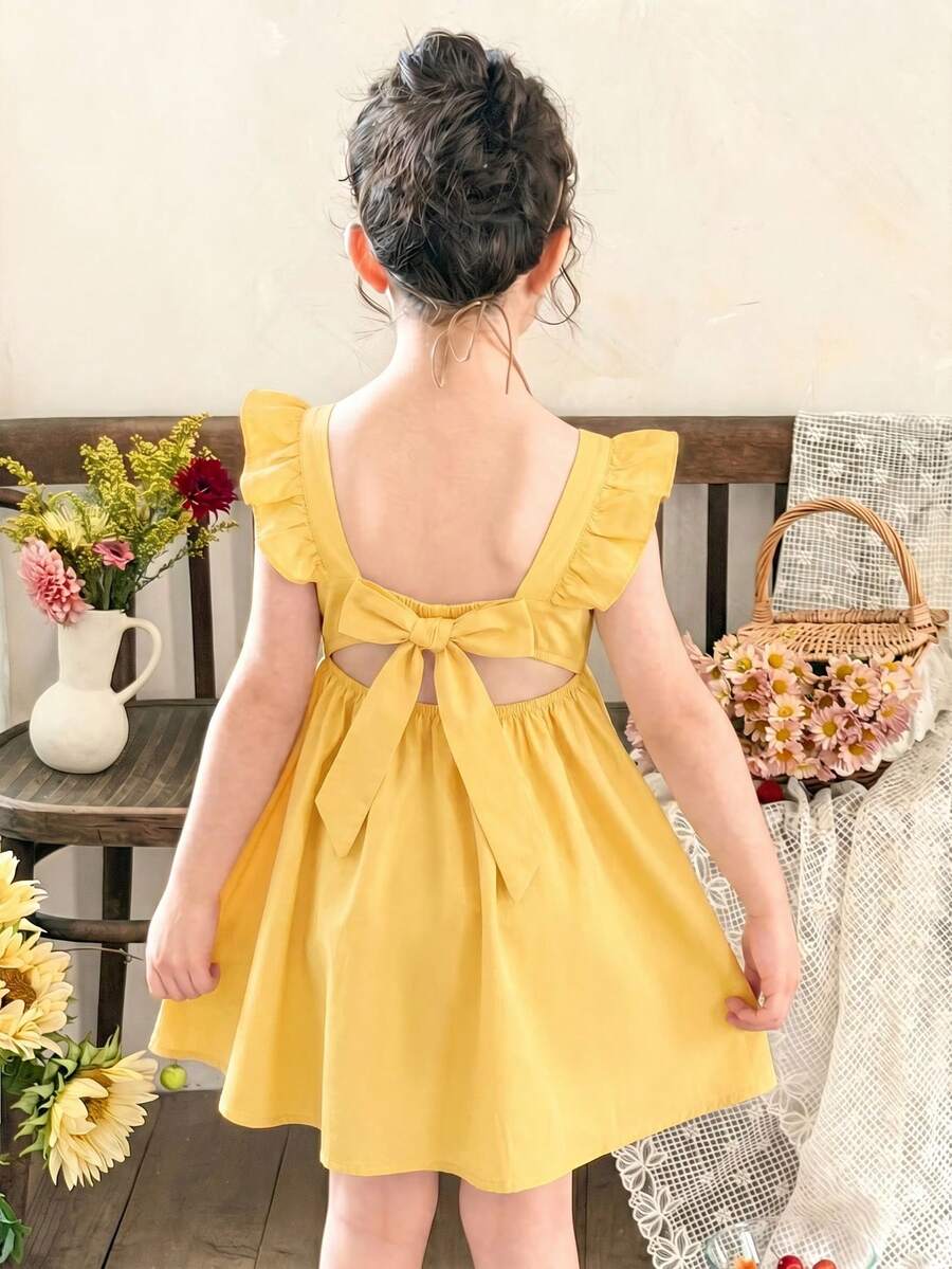 LMoss Kids Young Girl Woven Solid Color Square Neck Ruffle Hem Casual Dress - Yellow - View 1