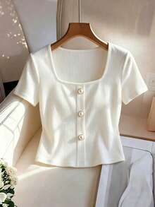 Franclia Camiseta de mujer de manga corta con cuello cuadrado, color albaricoque sólido, elástica y ajustada, adecuada para uso diario, con decoración de botones, de estilo minimalista, para el verano, versátil y elegante - Blanco - Ver 3