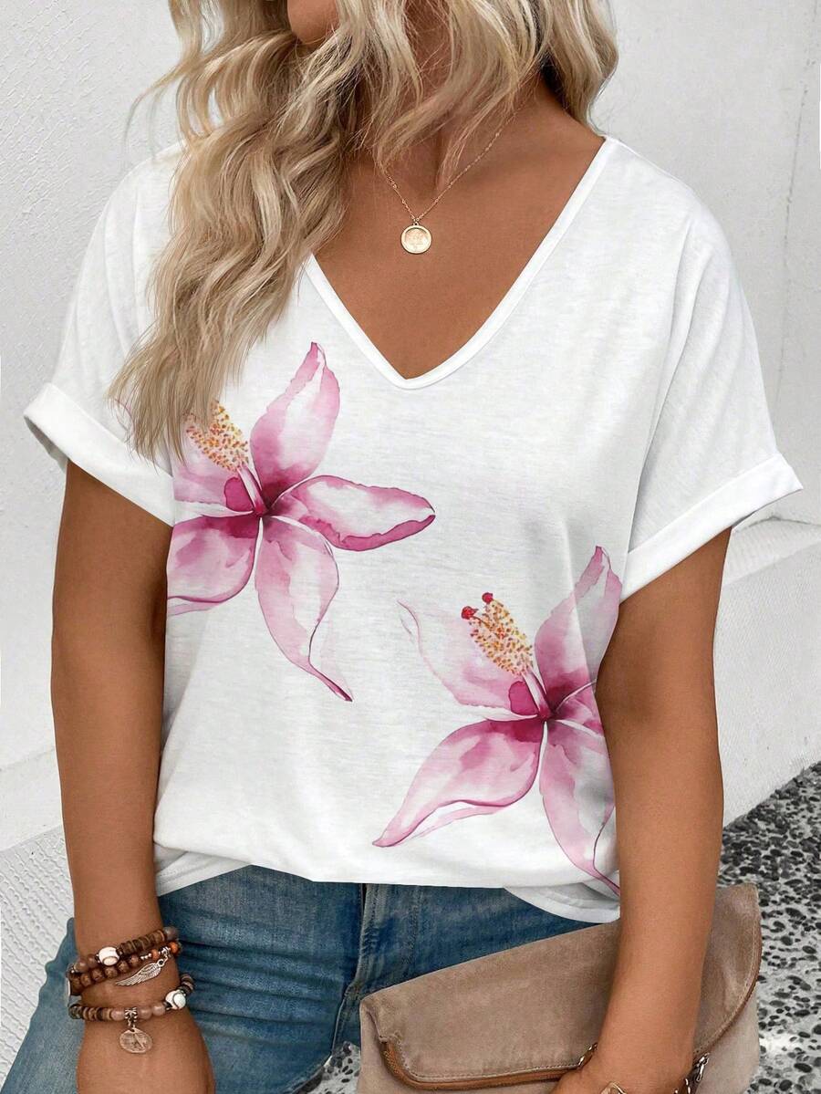 EMERY ROSE Plus Size Watercolor Floral Print V-Neck T-Shirt, Rolled Cuff Short Sleeve Casual Top For Women - Multicolor - View 1