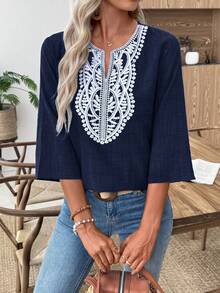 EMERY ROSE Women's French Embroidered Fashionable Versatile Blouse, Suitable For Vacation And Dates - Navy Blue - View 7