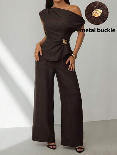 SHEIN PETITE Spring/Summer One-Shoulder Metal Buckle Design Casual Suit For Women: New Summer Fashionable Flowy Short-Sleeve Top + High-Waisted Wide-Leg Trousers Two Pieces Set, Elegant And Slimming Professional Office Suit