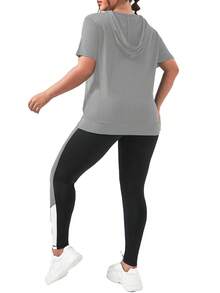 SHEIN Sports 大码女式纯色短款背心和高腰紧身裤休闲运动装 - 深灰色 - 查看 2