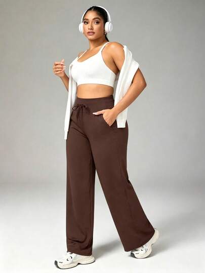 Easithlete Plus Size Women Solid Color Drawstring Waist Pocket Casual Fitness Sports Pants