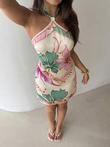 Aloruh Women's Spring/Summer Neck Tie Printed Mini Dress - Multicolor - View 6