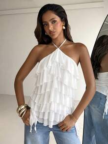 Aloruh Blusa elegante y romántica con cuello de lazo y volantes en capas para vacaciones/citas - Blanco - Ver 7