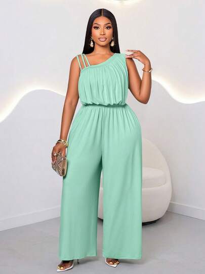 SOLERSUN Plus Size Women's Spring And Summer Fashion Elegant Sexy Casual Vacation Jumpsuit Sleeveless Asymmetrical Single Shoulder With 3 Hollow Shoulder Straps Slimming Bag Hip Heterogeneous Splicing Mint Green Knitted Fabric Splicing Micro Transparent Mesh Asymmetrical Pleats Suitable For Leisure Shopping, Dating, Music Festivals And Other Scenes