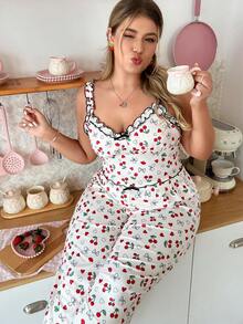 Slumberry CURVE Sweet Cherry Fruit Pattern Plus Size Camisole Pajama Set - Multicolor - View 1