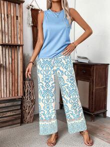 Breezaya Women's Casual Solid Color Tank Top & Full Length Pants 2 Pieces Set, Summer - Baby Blue - View 5
