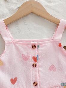 SHEIN Genkimix Kids Bộ 2 món cho bé gái mùa hè: Áo hai dây in hình trái tim + Quần ống rộng, chất liệu cotton mềm mại, thoáng mát, thân thiện với da, ngọt ngào và dễ thương, phù hợp cho bé gái 4-7 tuổi, thích hợp cho hoạt động ngoài trời. - Hồng - Xem 6