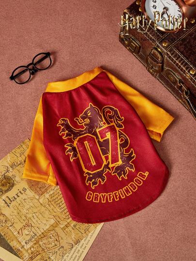 HARRY POTTER X PETSIN 1 Piece Cute Little Magic Dragon Number 07 Letter Printed Pet T-Shirt In Yellow With Wine Red Soft And Breathable Anti Shedding Pet Clothing