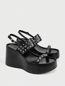 Sugerpunk Women Shose Women's Fashion Platform Wedge Sandals, Spring And Autumn Summer Punk Style Buckle Middle Help Rivet Open-Toed Platform Wedge Sandals, Nightclub Commuting Is Easy To Travel - Black - View 2
