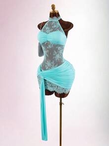 Amplova Đầm ngắn ren cổ yếm hở lưng gợi cảm với chi tiết áo corset, dễ thương và quyến rũ, thích hợp cho tiệc năm mới hoặc hẹn hò. - Màu xanh lam - Xem 11