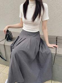 Dazy Tall 高个女式休闲波点蕾丝拼接长袖T恤 - 黑與白 - 查看 5