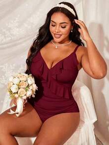 Slaydiva Áo tắm liền thân cỡ lớn dành cho nữ, màu trơn, có bèo nhún và dây đeo. - Màu Đỏ Sâu - Xem 4
